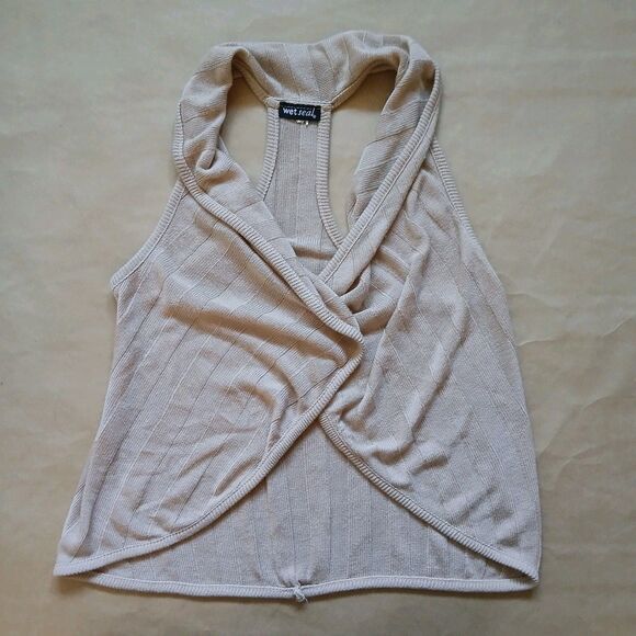 Wet Seal Vest Medium Sleeveless Open Front Top Beige Coastal Knit - Picture 1 of 7